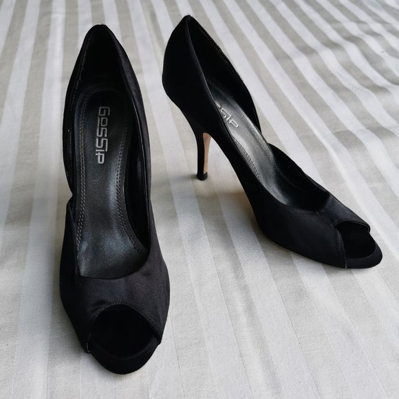 Black Satin Peep Toe Gossip Heels (7.5) - Picture 1 of 6